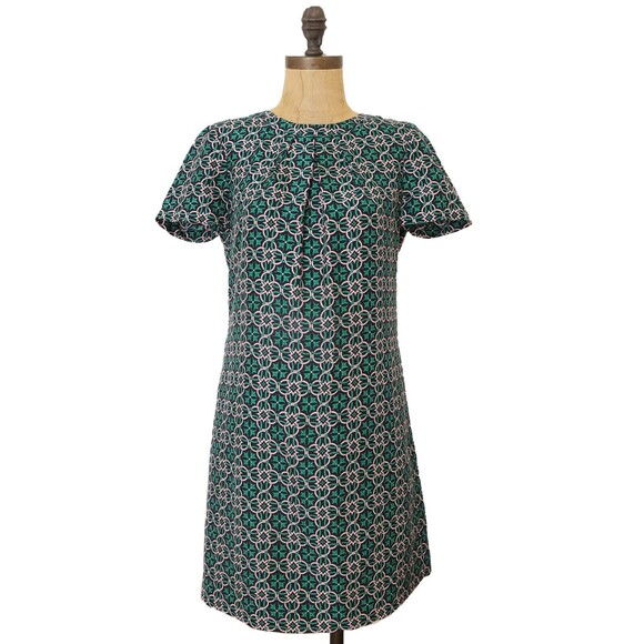 J Crew Medallion Swoop Printed Dress 00 0 2 XS Green Floral Latticework EUC B88 - Picture 1 of 5